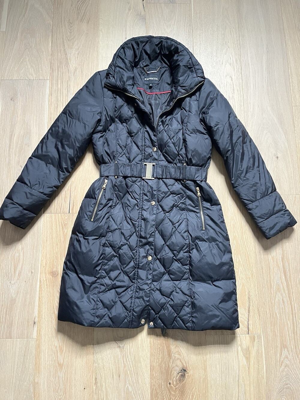 Express Black Down Puffer Jacket Gold Hardware Size L Belted Ski Mountain Chic